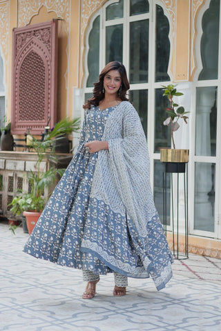 Fabulous Grey Color Pure Cotton Printed Designer Anarkali Suit
