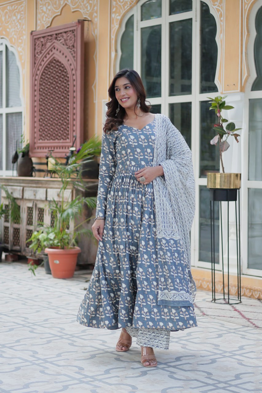 Fabulous Grey Color Pure Cotton Printed Designer Anarkali Suit