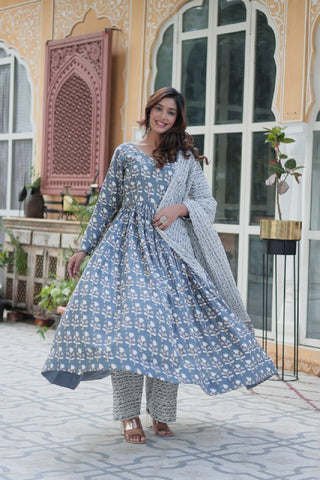 Fabulous Grey Color Pure Cotton Printed Designer Anarkali Suit