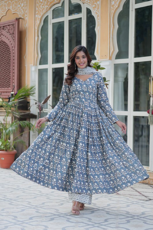Fabulous Grey Color Pure Cotton Printed Designer Anarkali Suit