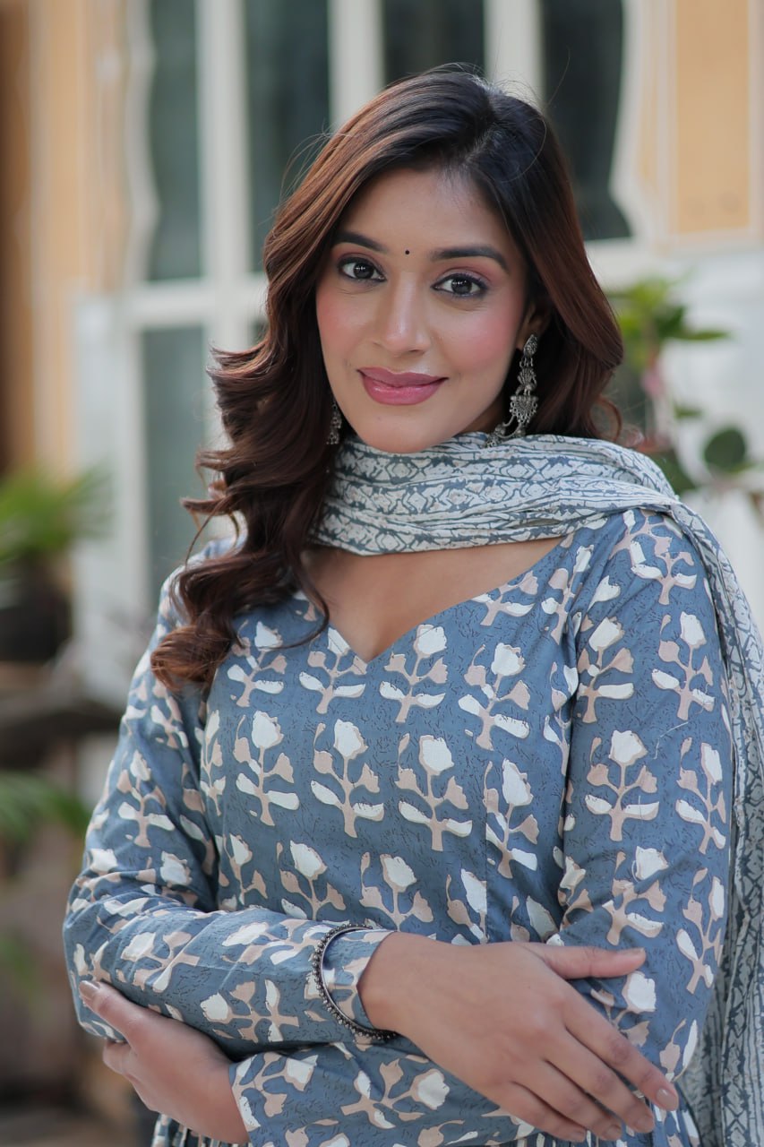 Fabulous Grey Color Pure Cotton Printed Designer Anarkali Suit