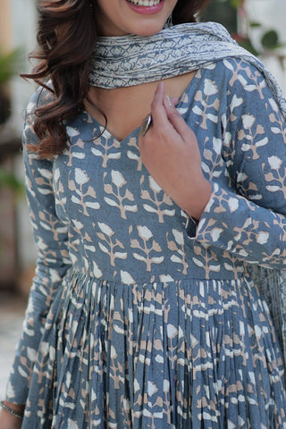Fabulous Grey Color Pure Cotton Printed Designer Anarkali Suit