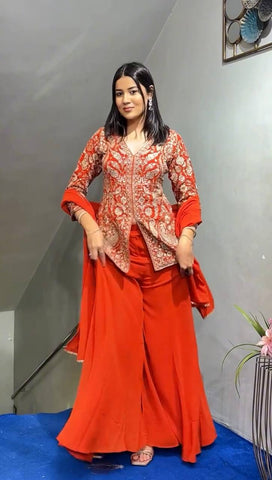 Beautiful Faux Georgette Orange Color  Embroidered Party Wear Palazzo Set with Dupatta