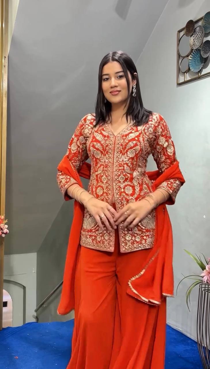 Beautiful Faux Georgette Orange Color  Embroidered Party Wear Palazzo Set with Dupatta