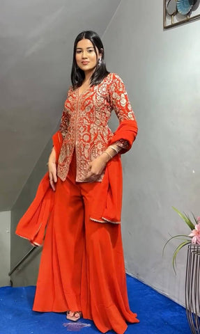 Beautiful Faux Georgette Orange Color  Embroidered Party Wear Palazzo Set with Dupatta