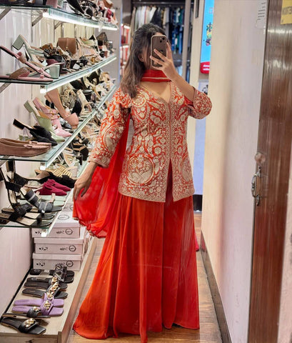 Beautiful Faux Georgette Orange Color  Embroidered Party Wear Palazzo Set with Dupatta