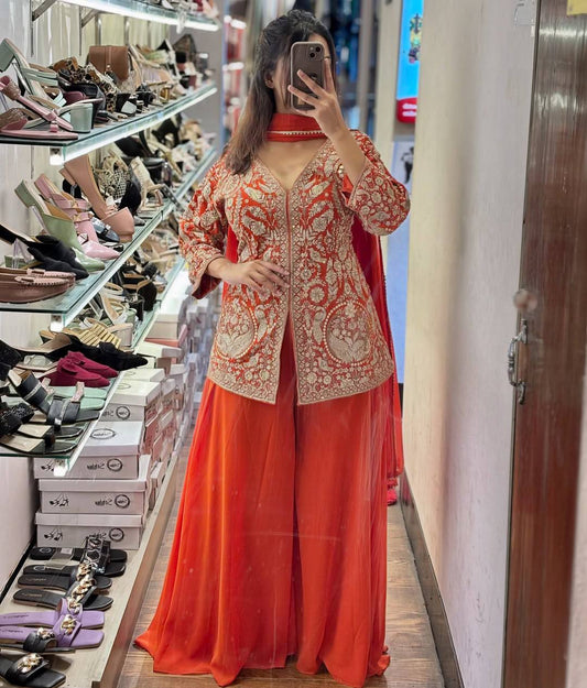 Beautiful Faux Georgette Orange Color  Embroidered Party Wear Palazzo Set with Dupatta