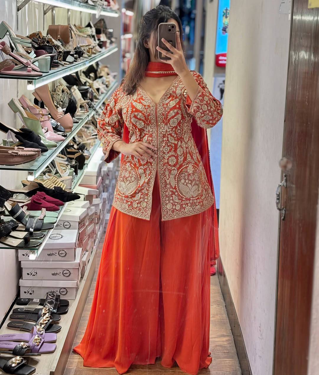 Beautiful Faux Georgette Orange Color  Embroidered Party Wear Palazzo Set with Dupatta