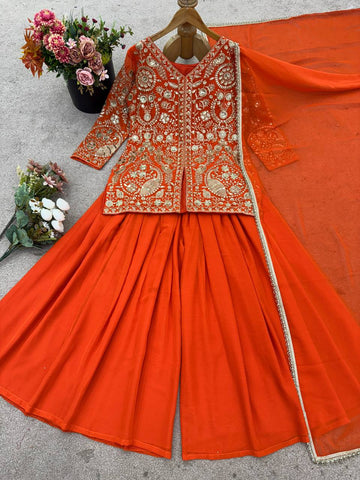 Beautiful Faux Georgette Orange Color  Embroidered Party Wear Palazzo Set with Dupatta