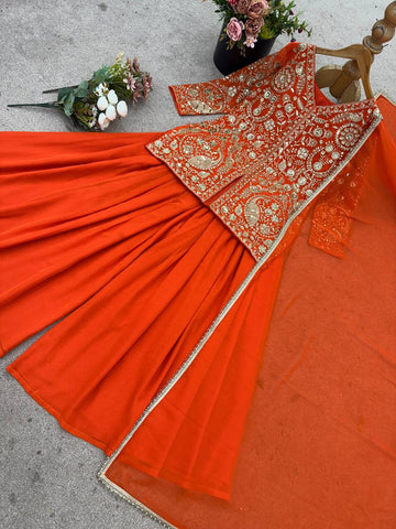 Beautiful Faux Georgette Orange Color  Embroidered Party Wear Palazzo Set with Dupatta
