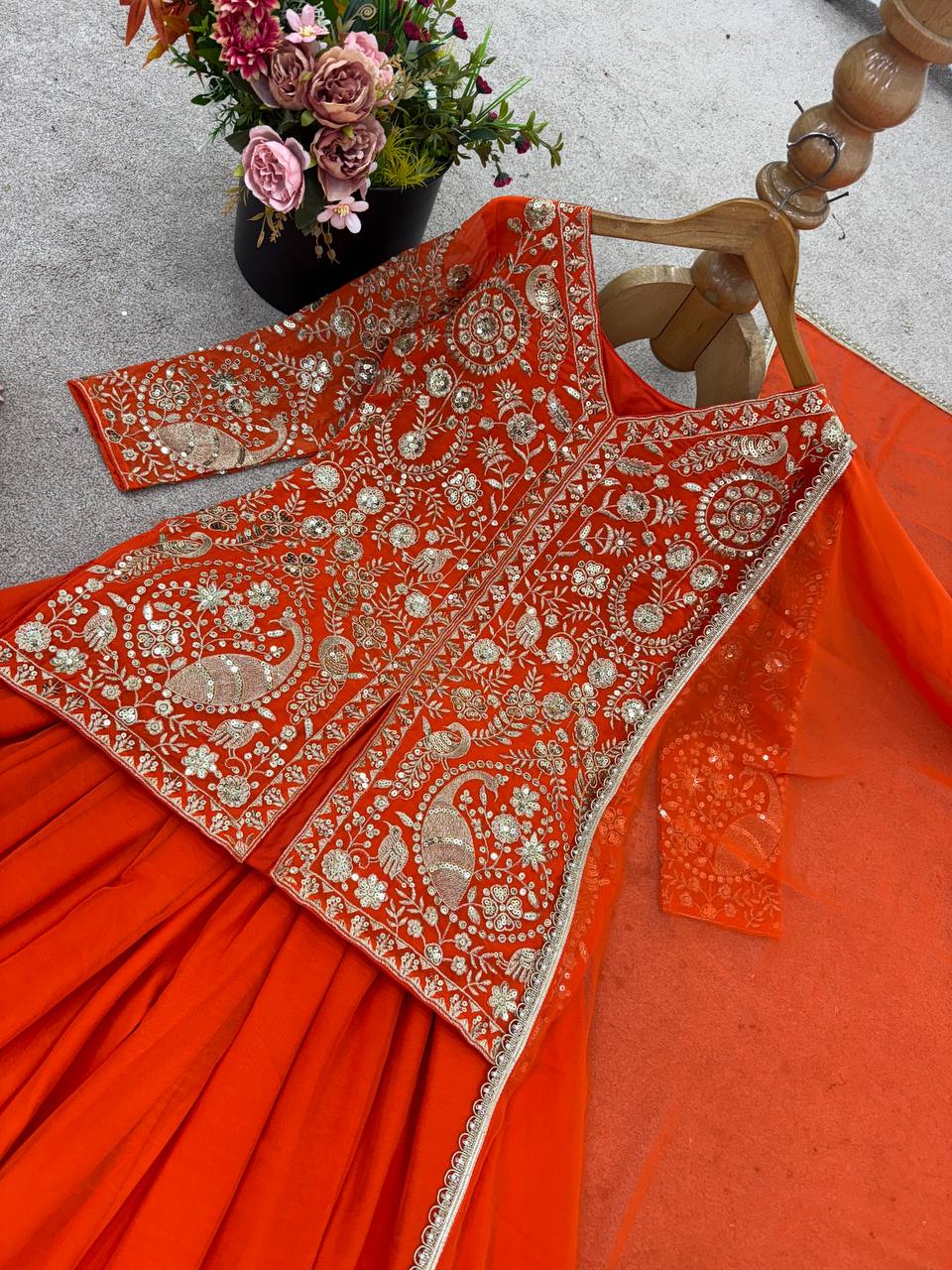 Beautiful Faux Georgette Orange Color  Embroidered Party Wear Palazzo Set with Dupatta