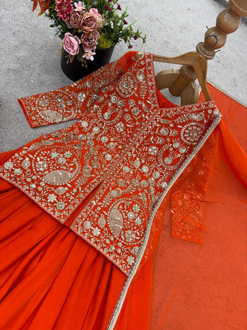 Beautiful Faux Georgette Orange Color  Embroidered Party Wear Palazzo Set with Dupatta