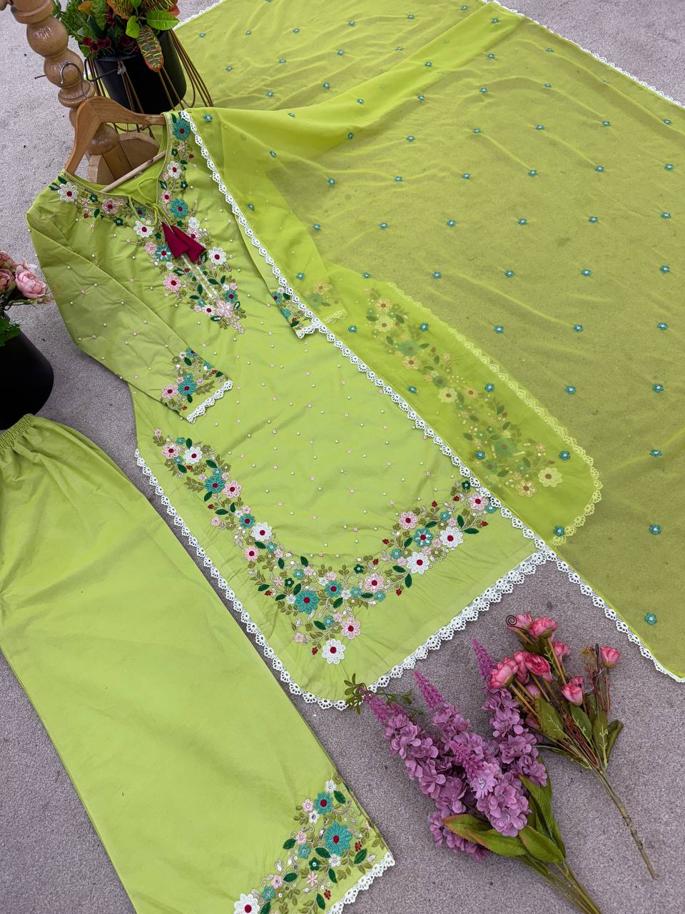 Function Wear Green Color Heavy Faux Georgette  Rich 5mm Embroidery Sequin Work Palazzo Salwar Suit