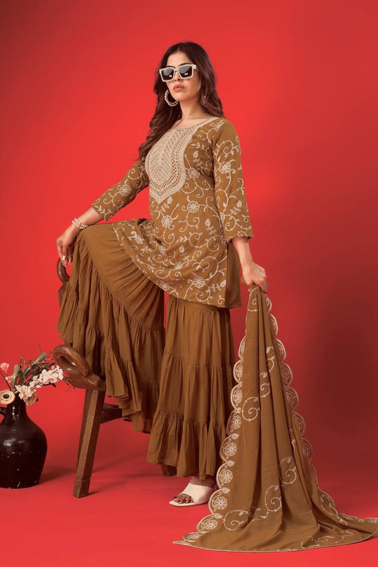 Ceremony Wear Mustard Color Heavy Georgette Embroidery Work Sharara Suit