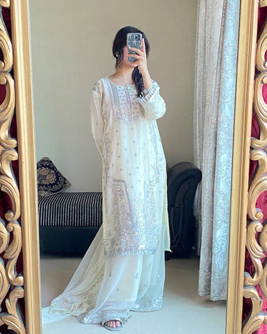 Beautiful Designer White Color Heavy Embroidered Plazzo Suit