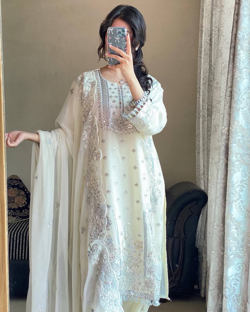 Beautiful Designer White Color Heavy Embroidered Plazzo Suit