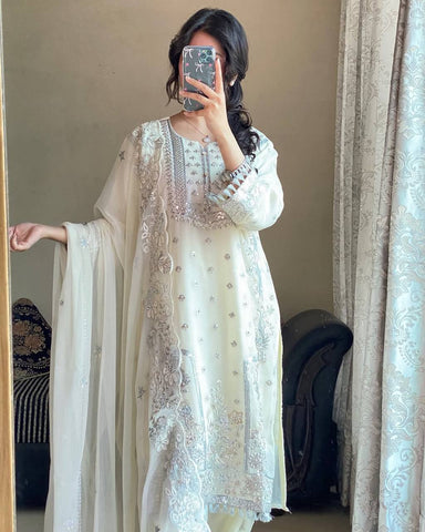 Beautiful Designer White Color Heavy Embroidered Plazzo Suit