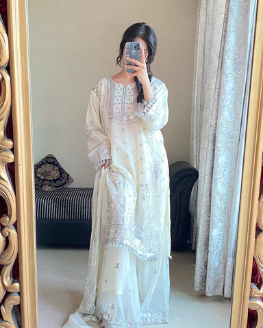 Beautiful Designer White Color Heavy Embroidered Plazzo Suit