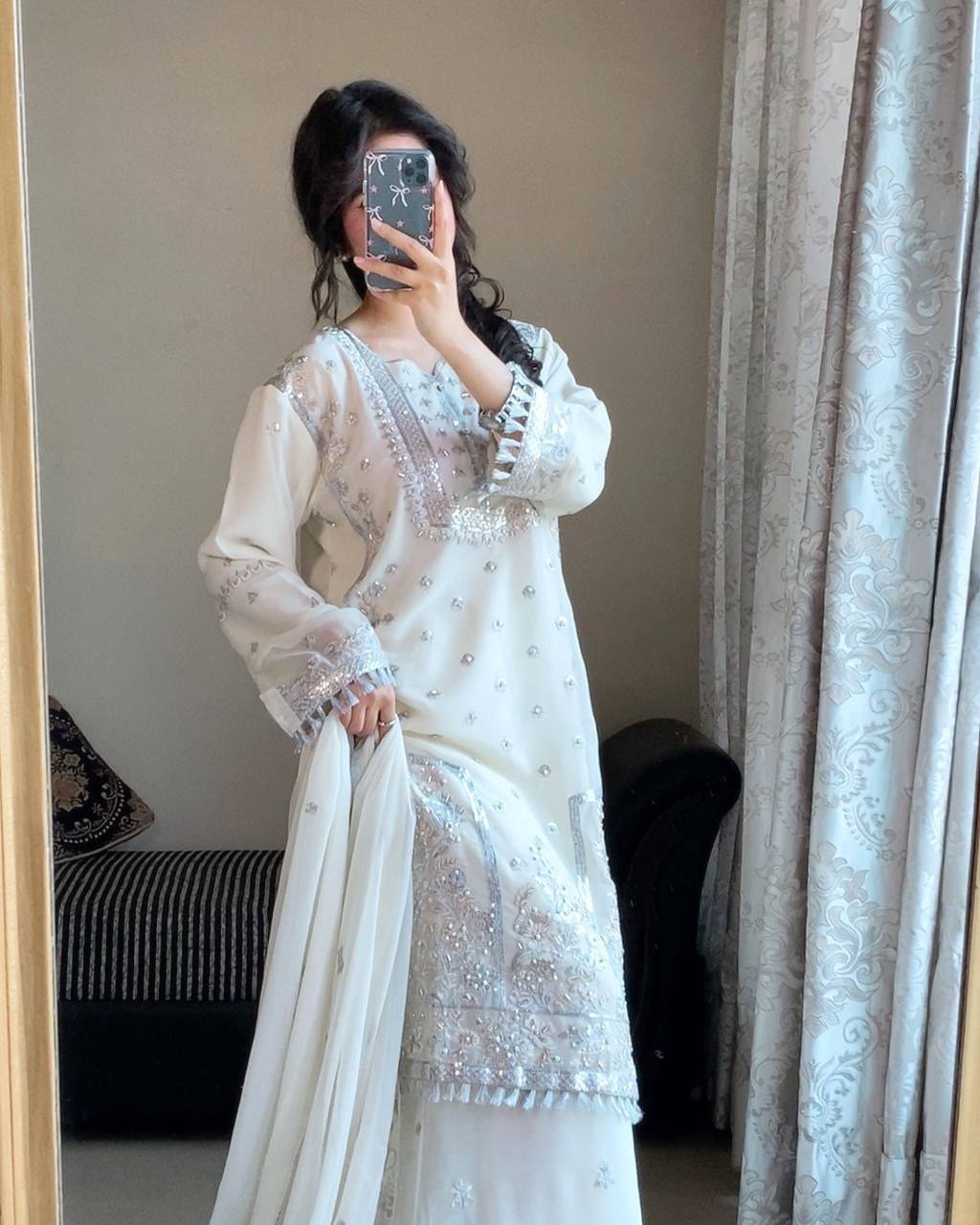 Beautiful Designer White Color Heavy Embroidered Plazzo Suit