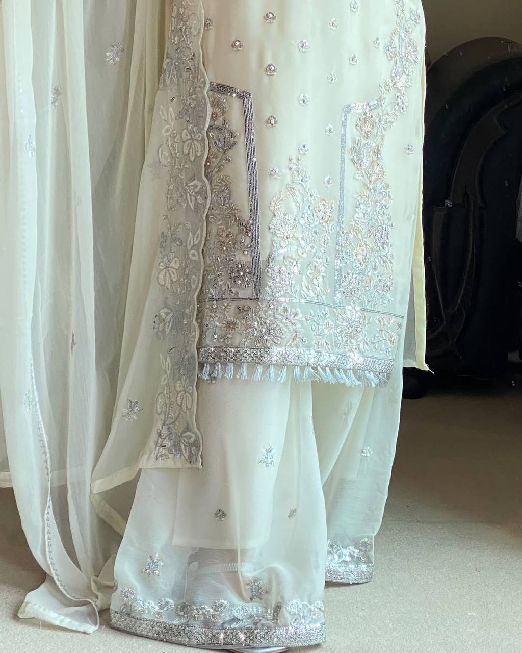 Beautiful Designer White Color Heavy Embroidered Plazzo Suit