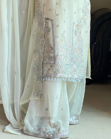 Beautiful Designer White Color Heavy Embroidered Plazzo Suit