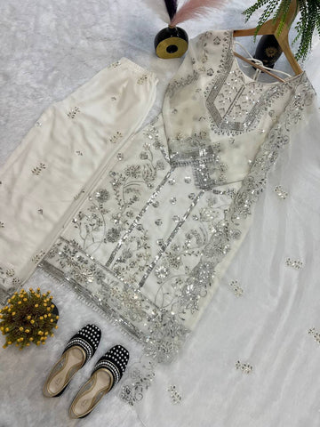 Beautiful Designer White Color Heavy Embroidered Plazzo Suit