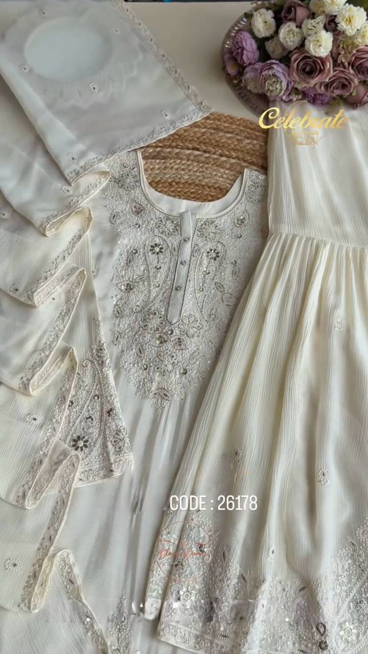 Beautiful Designer White Color Embroidered Sharara Suit