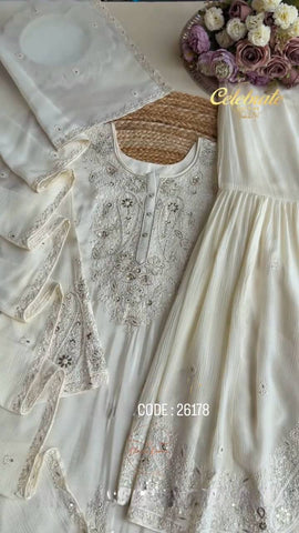 Beautiful Designer White Color Embroidered Sharara Suit