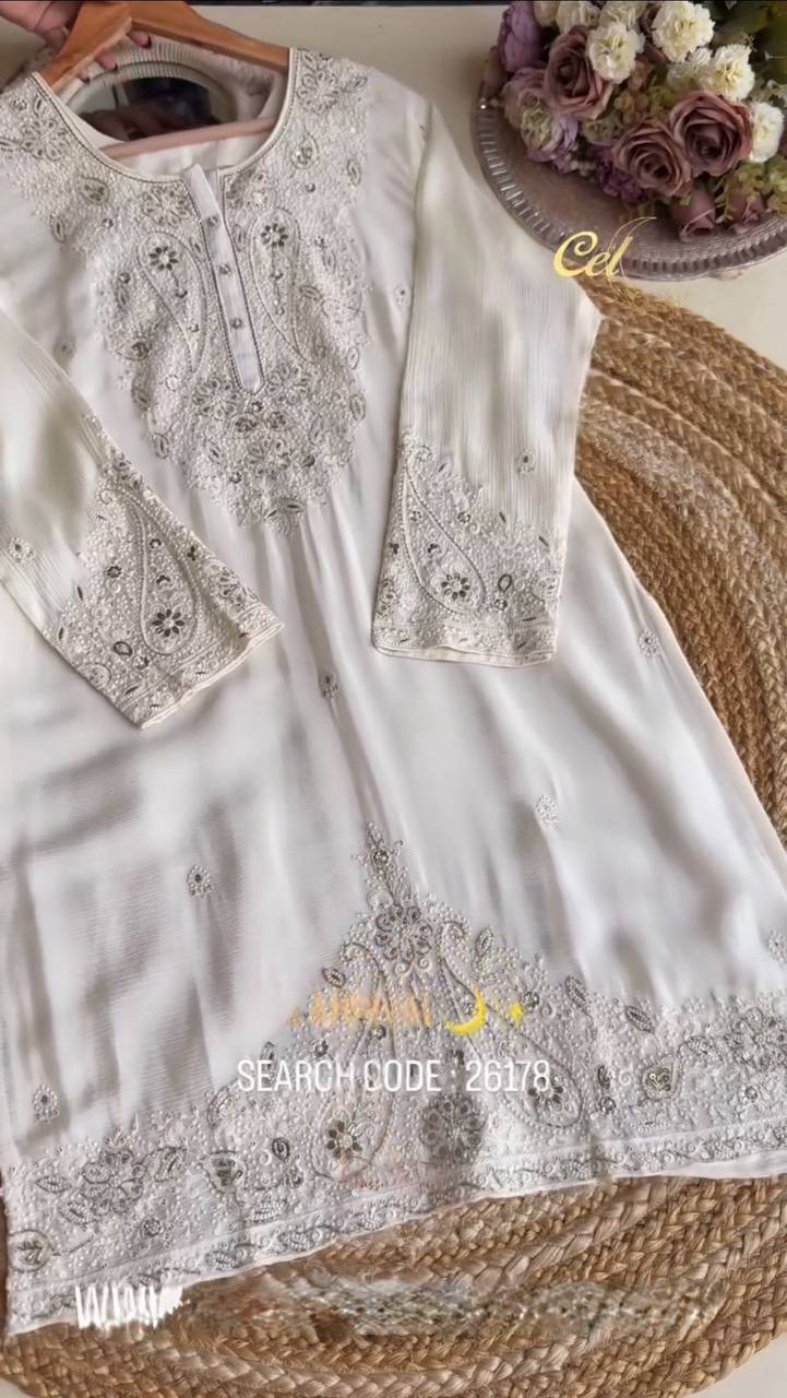 Beautiful Designer White Color Embroidered Sharara Suit
