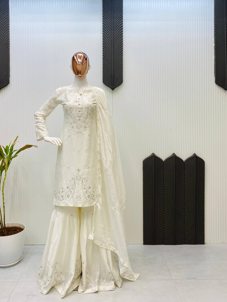 Beautiful Designer White Color Embroidered Sharara Suit