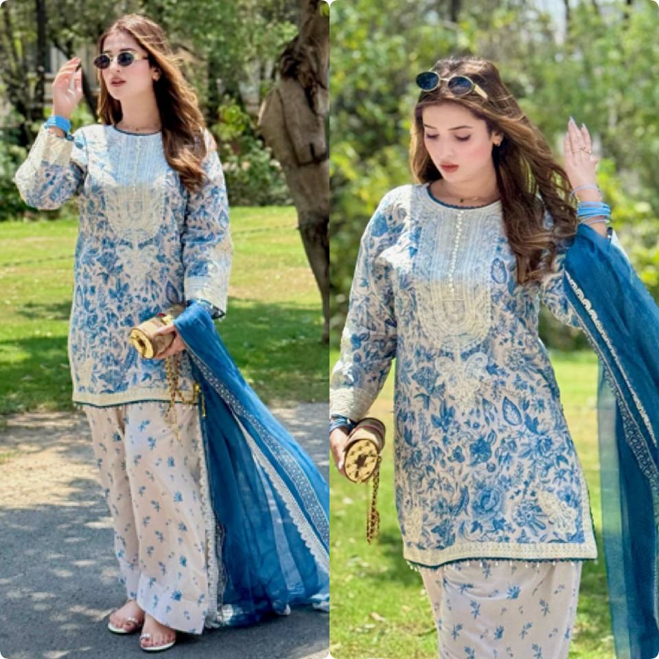 Functions Wear Blue Color Digital Print With Embroidery Work Palazzo Suit