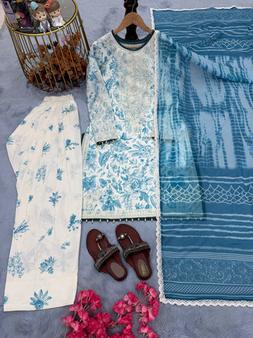 Functions Wear Blue Color Digital Print With Embroidery Work Palazzo Suit