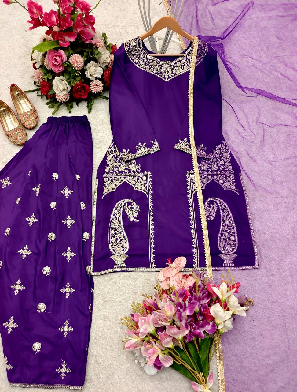 Purple Color Pure Natural Crepe with Heavy Embroidery With Sequence Work Palazzo Salwar Suit