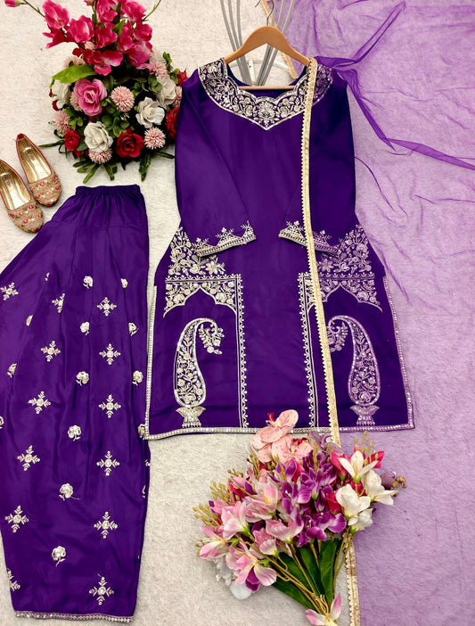 Purple Color Pure Natural Crepe with Heavy Embroidery With Sequence Work Palazzo Salwar Suit