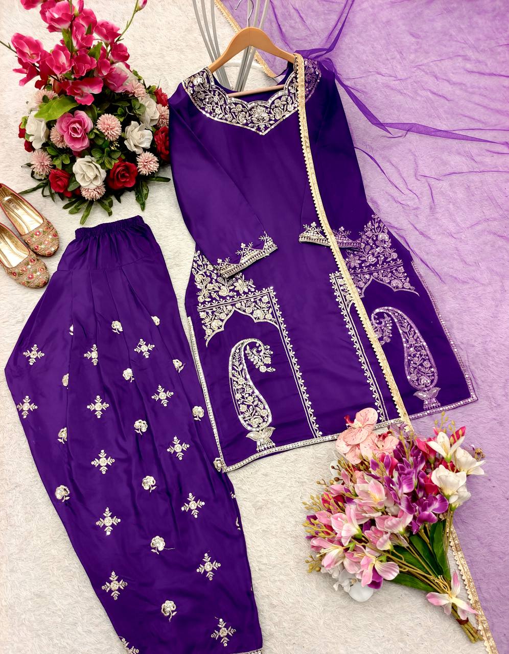 Purple Color Pure Natural Crepe with Heavy Embroidery With Sequence Work Palazzo Salwar Suit