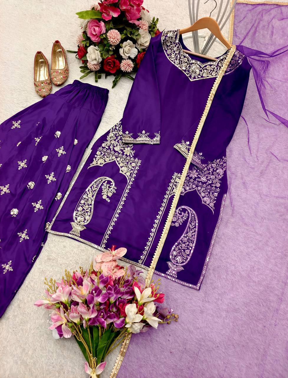 Purple Color Pure Natural Crepe with Heavy Embroidery With Sequence Work Palazzo Salwar Suit
