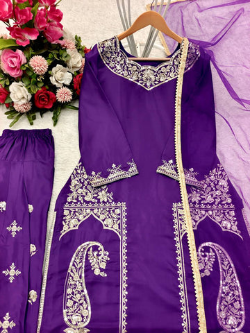 Purple Color Pure Natural Crepe with Heavy Embroidery With Sequence Work Palazzo Salwar Suit