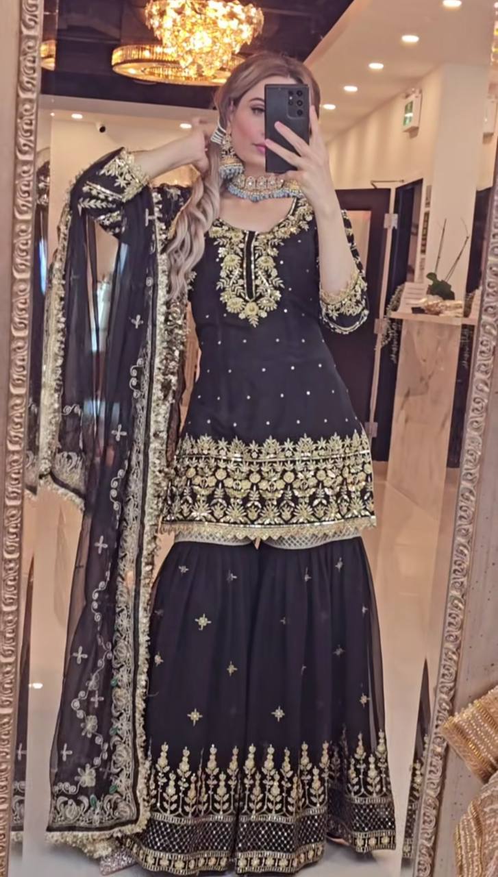 Engagement Wear Heavy Embroidered Black Color Sharara Palazzo Suit with Dupatta