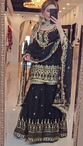 Engagement Wear Heavy Embroidered Black Color Sharara Palazzo Suit with Dupatta