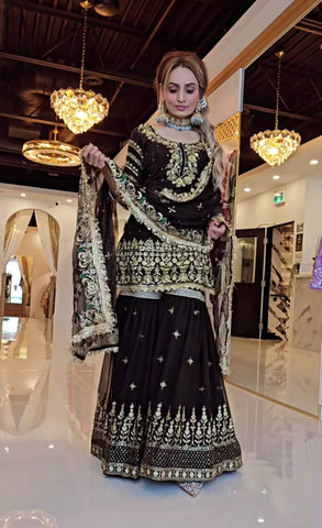 Engagement Wear Heavy Embroidered Black Color Sharara Palazzo Suit with Dupatta