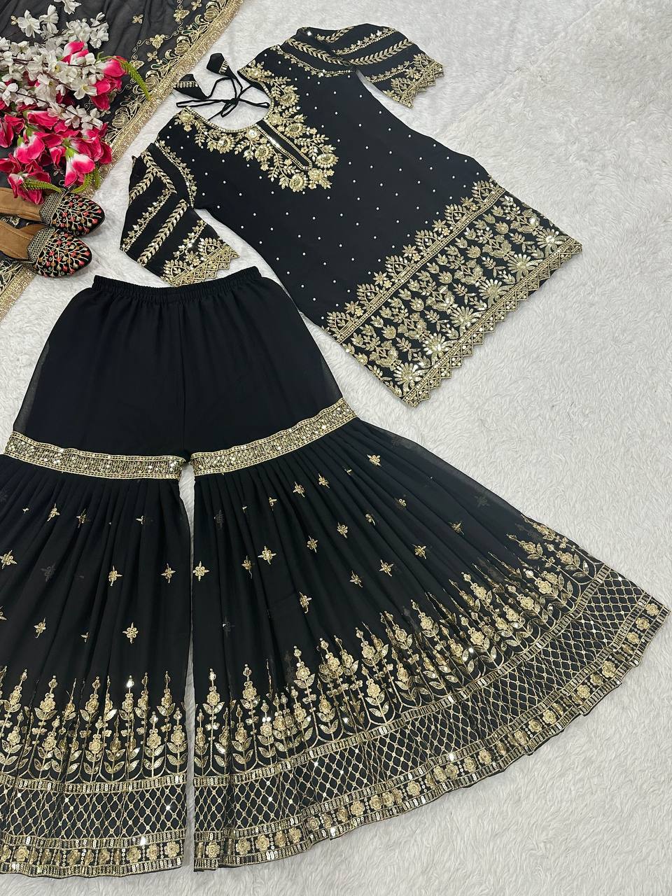 Engagement Wear Heavy Embroidered Black Color Sharara Palazzo Suit with Dupatta