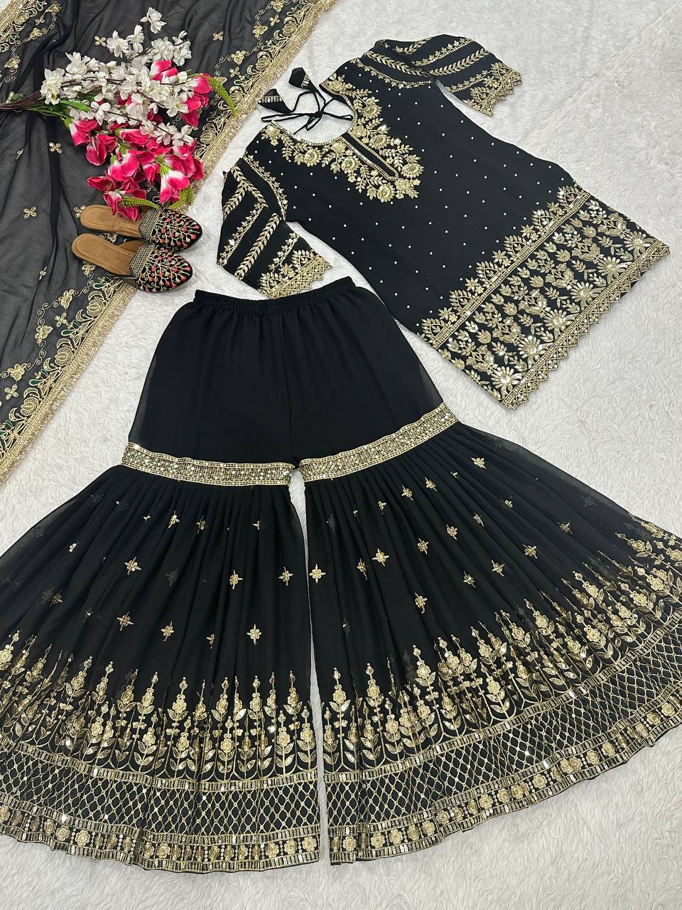 Engagement Wear Heavy Embroidered Black Color Sharara Palazzo Suit with Dupatta