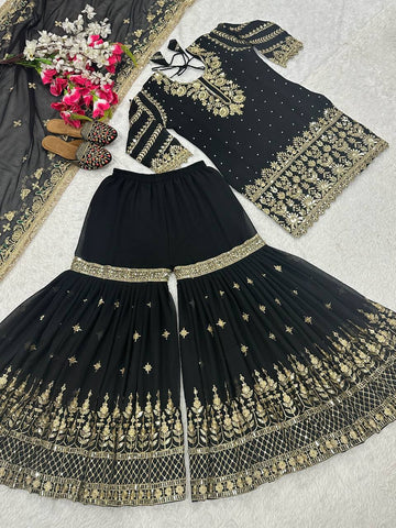 Engagement Wear Heavy Embroidered Black Color Sharara Palazzo Suit with Dupatta