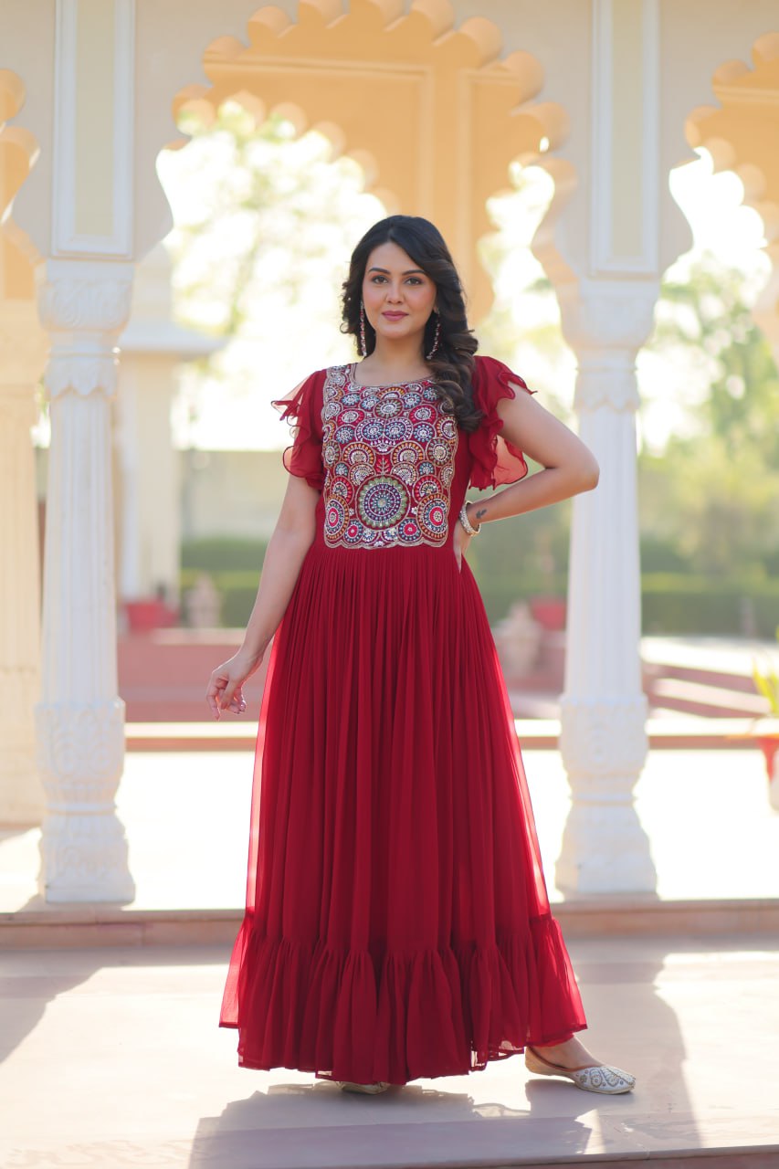 Beautiful Red Faux Blooming Beads And Sequins Embroidery Work Ready to Wear Designer Gown