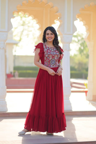 Beautiful Red Faux Blooming Beads And Sequins Embroidery Work Ready to Wear Designer Gown
