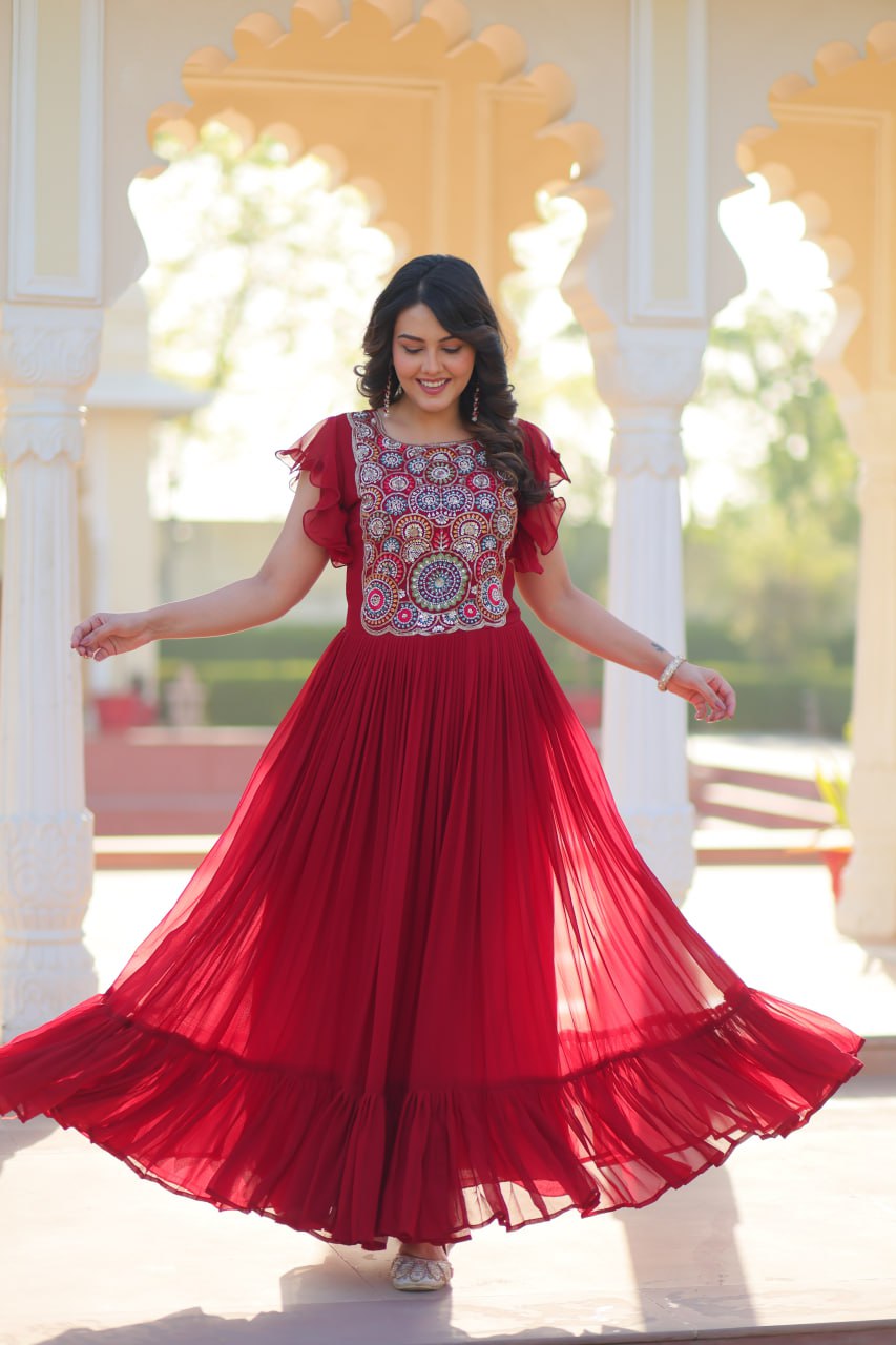 Beautiful Red Faux Blooming Beads And Sequins Embroidery Work Ready to Wear Designer Gown
