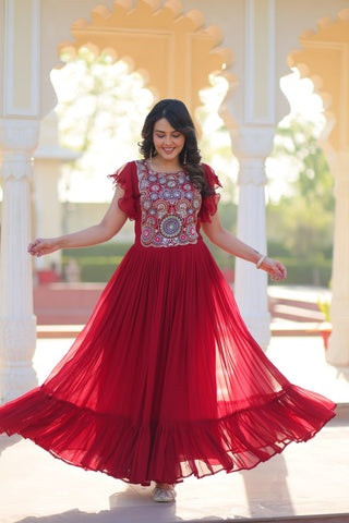 Beautiful Red Faux Blooming Beads And Sequins Embroidery Work Ready to Wear Designer Gown