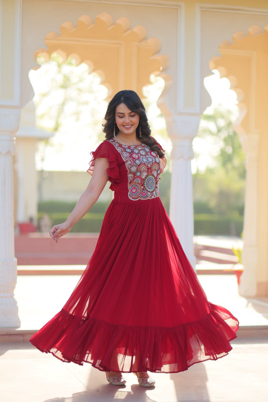 Beautiful Red Faux Blooming Beads And Sequins Embroidery Work Ready to Wear Designer Gown