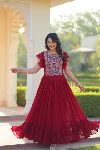 Beautiful Red Faux Blooming Beads And Sequins Embroidery Work Ready to Wear Designer Gown
