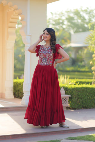 Beautiful Red Faux Blooming Beads And Sequins Embroidery Work Ready to Wear Designer Gown